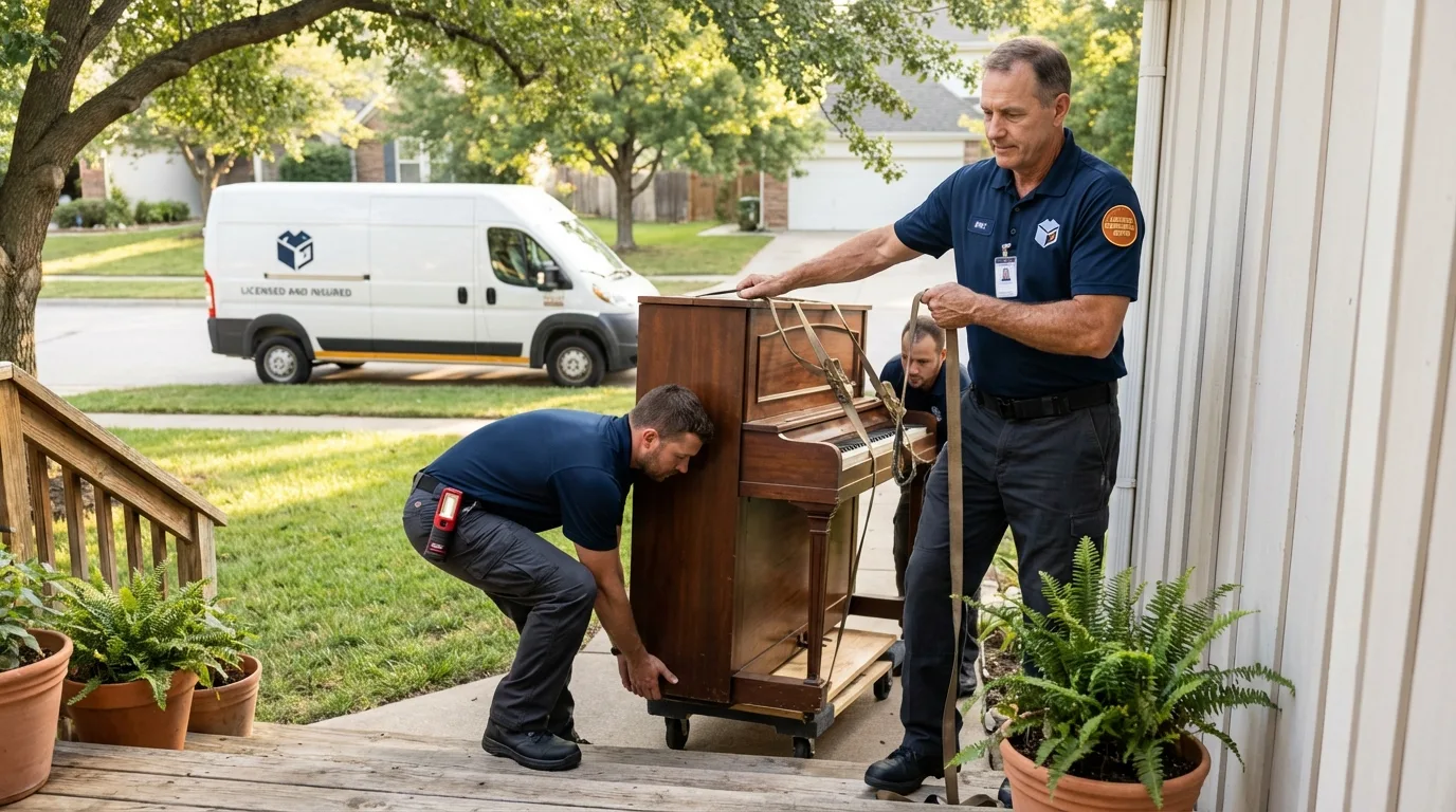Licensed piano movers securing grand piano in Broadus, MT