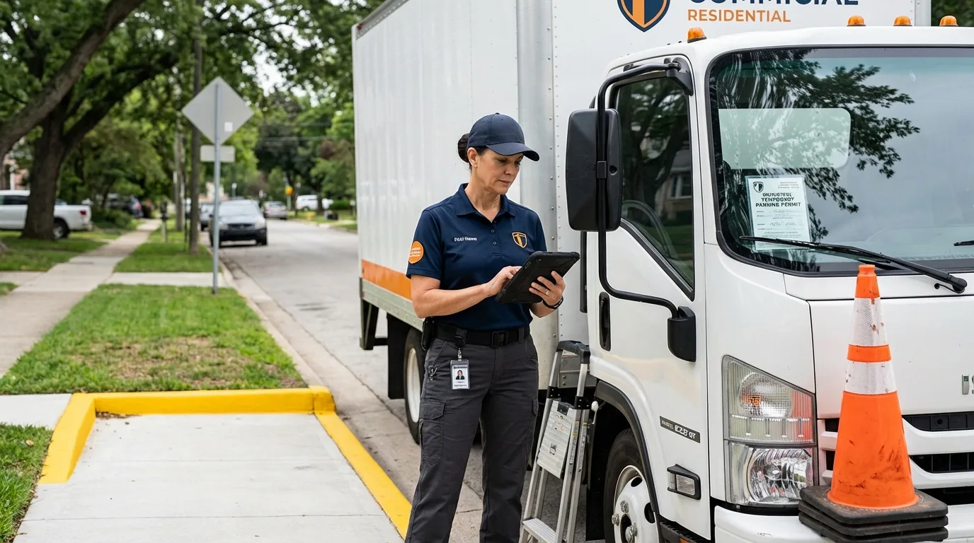 Uniformed dispatcher verifying a printed municipal parking permit on a truck windshield next to a yellow curb